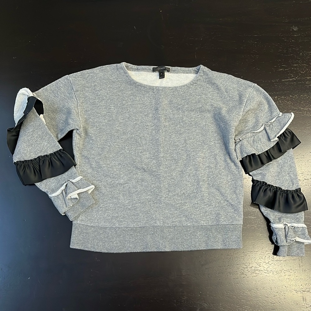 J. CREW Grey Sweater W/ Ruffled Sleeves, Size XS
